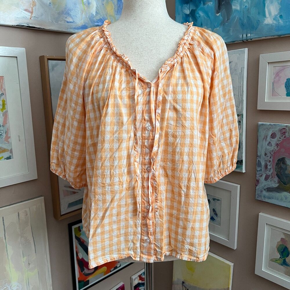 ONLY Old Navy Orange Gingham‎ Peasant Blouse Puff Sleeve Cottagecore Size L Tall